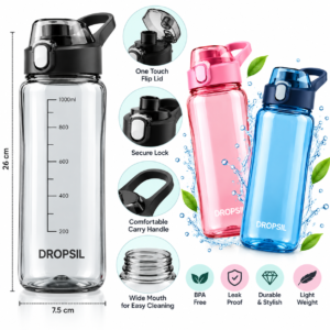 DROPSIL Reusable Plastic Water Bottle with Flip Lid & Carry Handle