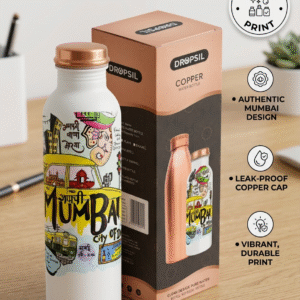 DROPSIL 1000 ml pure copper water bottle with Mumbai theme print and gift box