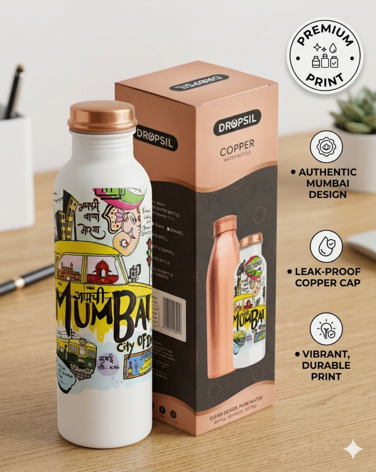 DROPSIL 1000 ml pure copper water bottle with Mumbai theme print and gift box