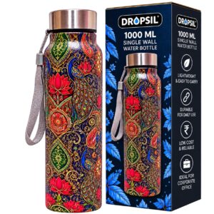 1000 ML Stainless Steel Water Bottle, Single Wall, Peacock Printed Design with Carry Strap for Office, Gym, Travel & Daily Use