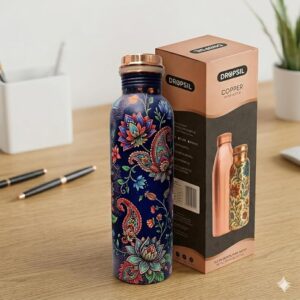 Premium Copper Water Bottle | Decorative Floral Printed Finish | Leak Resistant Cap | Reusable Stylish Bottle for Office, Travel & Gifting