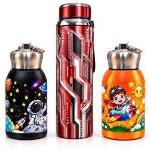 Stainless Steel Water Bottle Combo Set, 1 x 1000 mL + 2 x 300 mL, Red Circuit, Pilot Airplane and Astronaut Space Designs, Premium Cap with Carry Handle