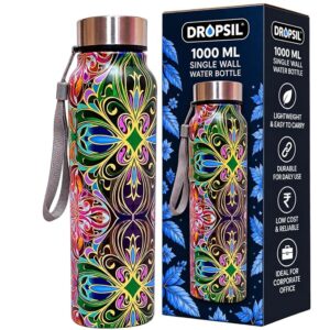 1000 ML Stainless Steel Water Bottle, Single Wall, Multicolor Printed Design, Reusable Bottle with Carry Strap for Office, Gym, Travel & Daily Use